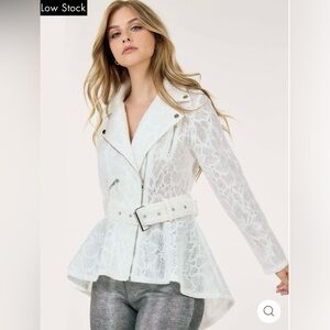 White Lace Asymmetrical Zip Belted Jacket Feminine Chic Sz Medium